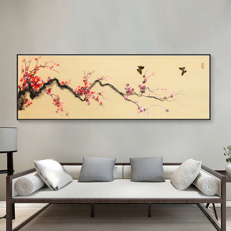 新中式客廳裝飾畫 臥室原創(chuàng)實物畫 玄關(guān)環(huán)保PS框掛畫 紅梅花兒開